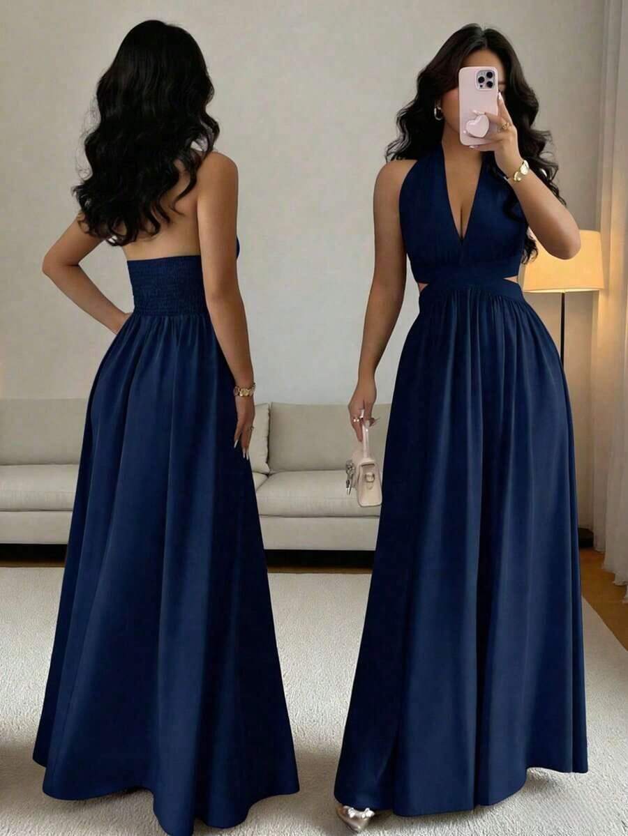 Elegante vestido sin mangas con cuello en V, diseño hueco en la cintura y pliegues, color morado, nueva llegada de primavera/verano - Azul marino - Ver 1