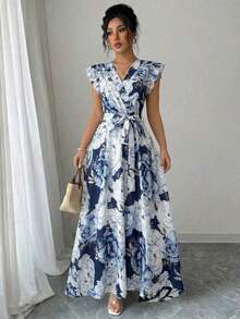 Vestido de verano de mujer con estampado floral elegante, cuello cruzado y volantes en el bajo - Azul y blanco - Ver 7