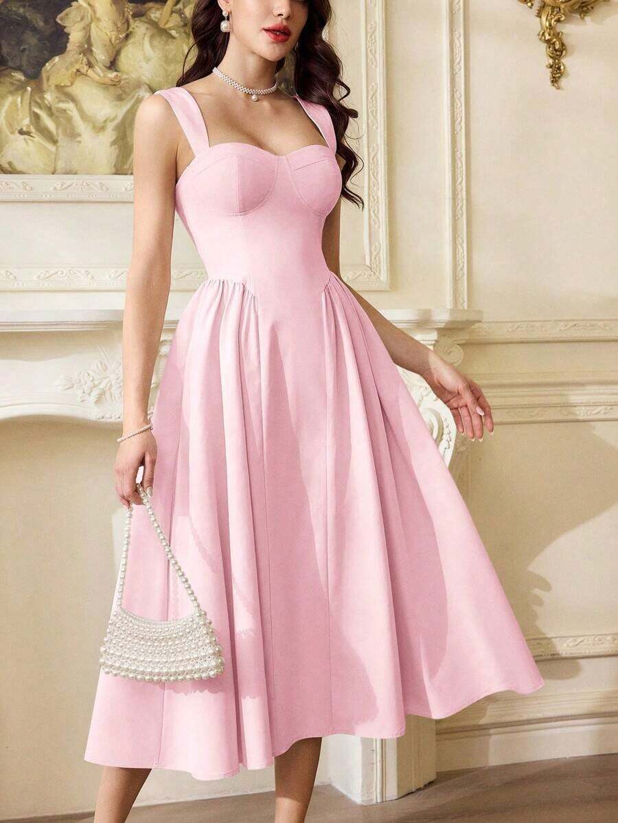 Vestido elegante vintage para mujer con bolsillos, vestido casual para té, fiesta, verano, vacaciones, vestido blanco de verano para mujer, vestido de fiesta, vestido formal con corsé, vestido de cumpleaños, vestido de invitada de boda, vestido de Pascua, vestido de primavera para mujer - Rosa - Ver 1