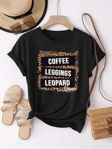 Camiseta de mujer con pantalones estampados de leopardo, estampado color café, camiseta casual de manga corta, cuello redondo, holgada y versátil, ropa de mujer B33. - Negro - Ver 1