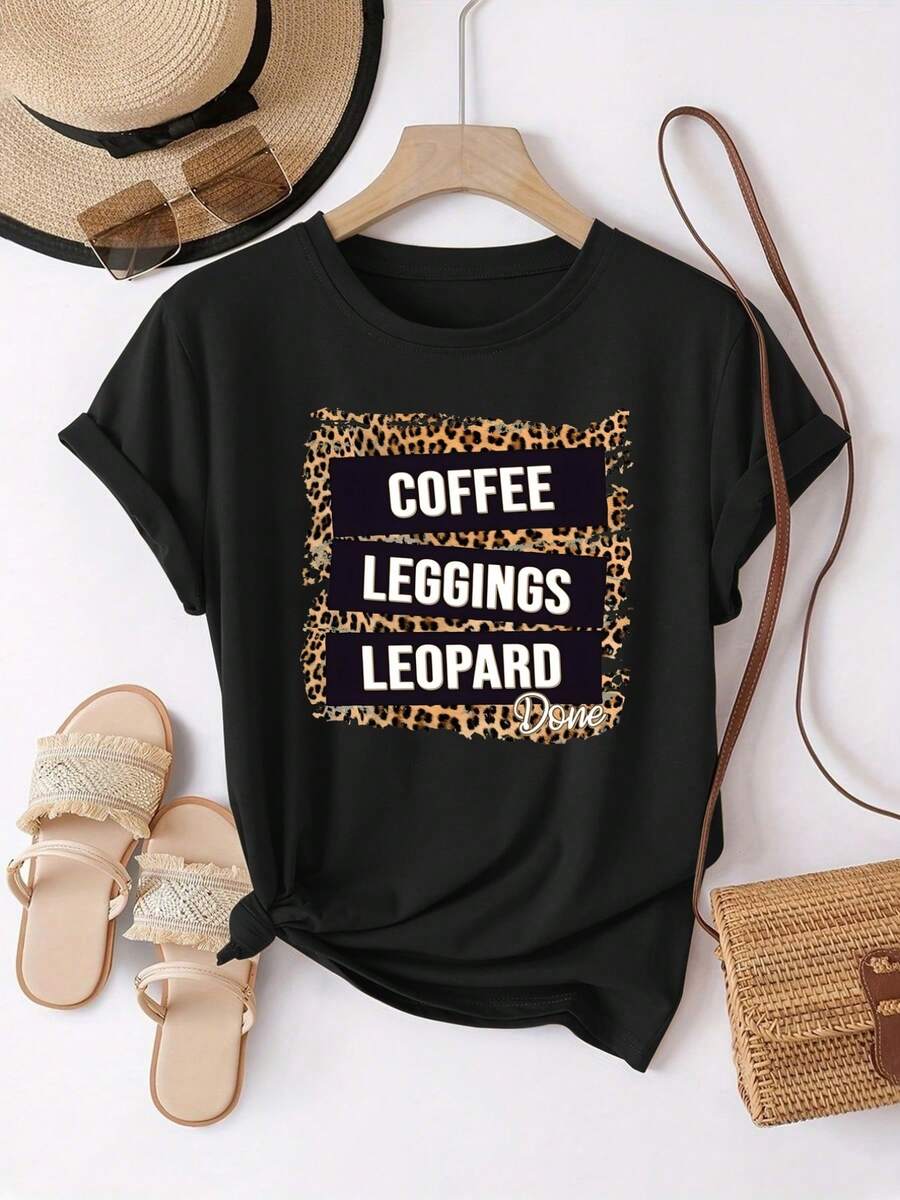 Camiseta de mujer con pantalones estampados de leopardo, estampado color café, camiseta casual de manga corta, cuello redondo, holgada y versátil, ropa de mujer B33. - Negro - Ver 1