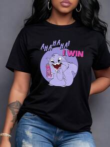 Gato caricaturesco riendo con la frase divertida I WIN" que transmite confianza y humor juguetón camiseta para mujer de corte casual cómoda y moderna - Negro - Ver 6