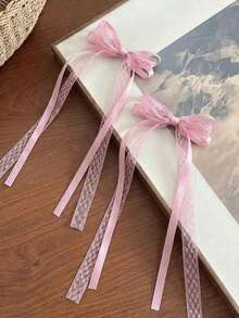 2 chiếc kẹp tóc nơ ren satin thanh lịch, kẹp tóc đuôi ngựa đôi dành cho nữ, phụ kiện tóc thời trang cao cấp với đuôi satin, thích hợp cho du lịch, sinh nhật. - Màu Hồng baby - Xem 9