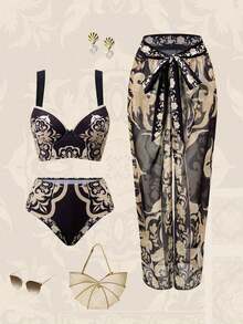 Swim Oasis Conjunto de bikini con estampado floral sexy para mujer con pareo y falda para el verano - Multicolor - Ver 11