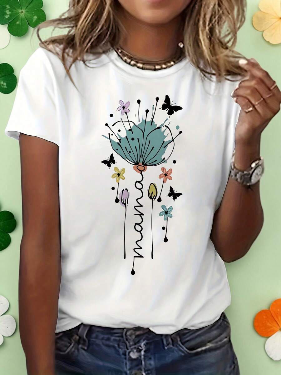 Women's "Mom" T-Shirt With Dandelion Design, Butterfly Print T-Shirt, Short Sleeve And Casual Round Neck, Minimalist Top With Floral Art. - 白色 - 查看 1