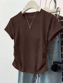 Camiseta de mujer de manga corta de cuello redondo y unicolor, minimalista y de moda para el verano - Café integral - Ver 1