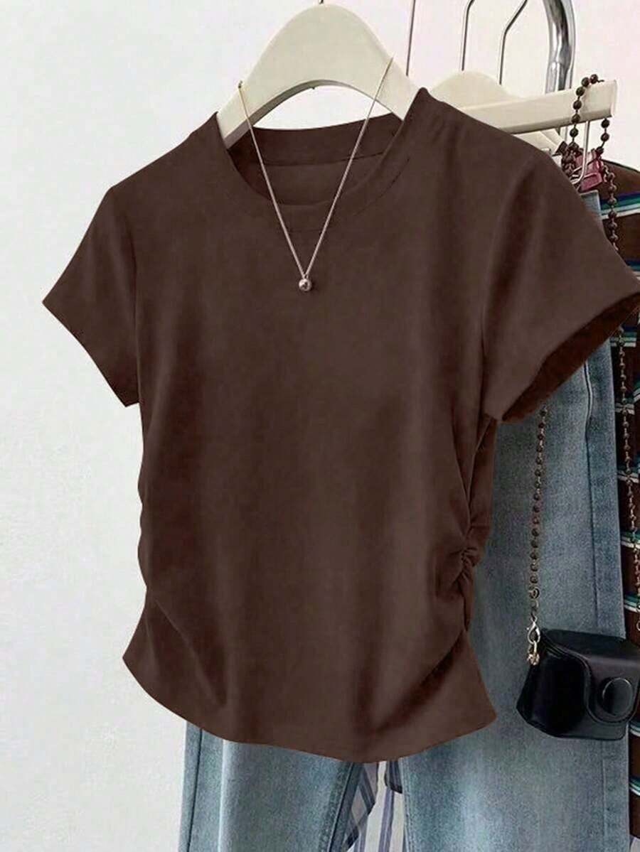 Camiseta de mujer de manga corta de cuello redondo y unicolor, minimalista y de moda para el verano - Café integral - Ver 1
