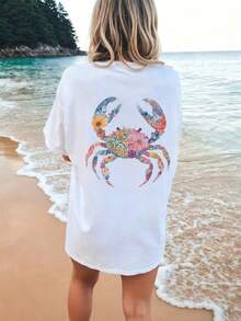 Women's Double-Sided Floral Crab Print Oversized 180G Casual Summer Tops, Vacation Outfits, Summer Outfits, Graphic Tees Women, Beach Crewneck T-Shirt - 白色 - 查看 2