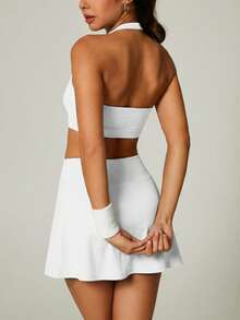 NcmRyu Conjunto deportivo de top sin espalda y minifalda de unicolor para mujer - Blanco - Ver 9