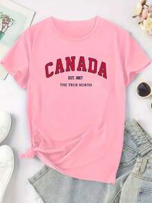 Summer TopviralwomensT-Shirts, Women's Casual Short-Sleeve T-Shirts With CANADA Lettering And Interesting Cartoon Prints, Made Of Blended With Some Elasticity,, Comfortable All-Season Round-Neck Design, Suitable For Daily Wear, Comfortable Clothing, Opaque Material, Loose Fit Summer Outfit For Women, 100% Cotton, A Must-Have For The Festival - White - View 10