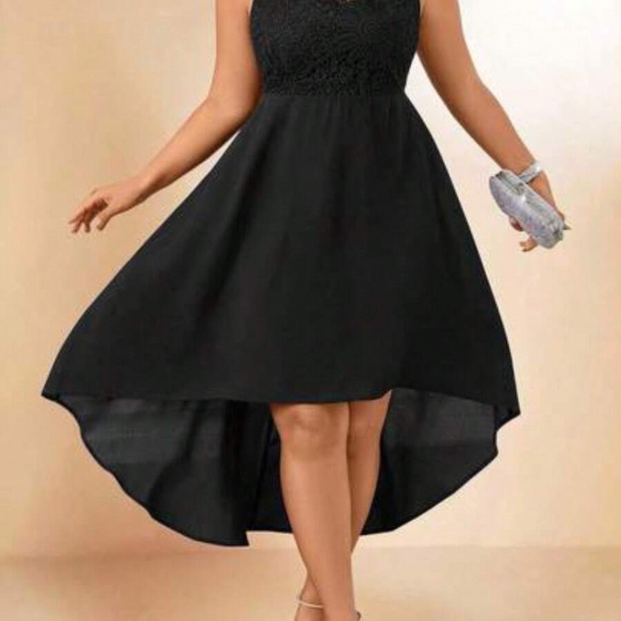Cravure Plus Size Women Contrast Lace Round Neck Sleeveless High-Low Hem Elegant Dress - Negro - Ver 1
