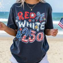 [100% Cotton] 250th Anniversary Shirt, Red White And 250 Tee, 4th Of July Shirt, Preppy Patriotic Tee, USA America Shirt, Flag Tshirt, American Girl,  Casual Women's T-Shirt - Màu xanh hải quân - Xem 1