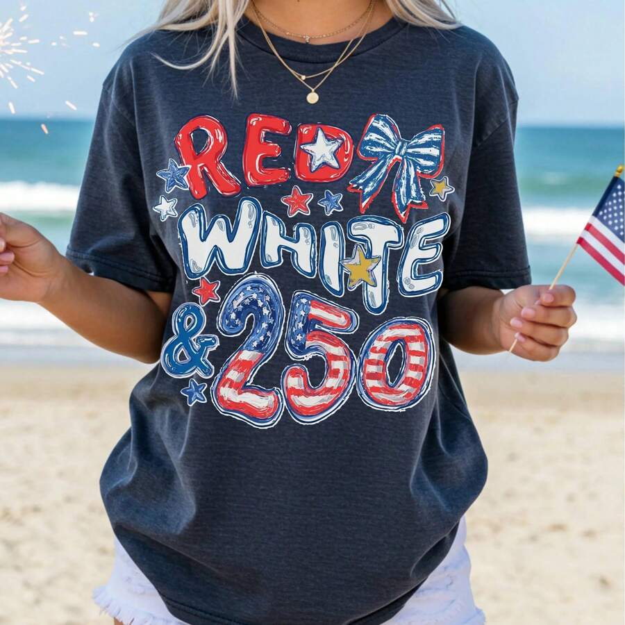 [100% Cotton] 250th Anniversary Shirt, Red White And 250 Tee, 4th Of July Shirt, Preppy Patriotic Tee, USA America Shirt, Flag Tshirt, American Girl,  Casual Women's T-Shirt - Màu xanh hải quân - Xem 1
