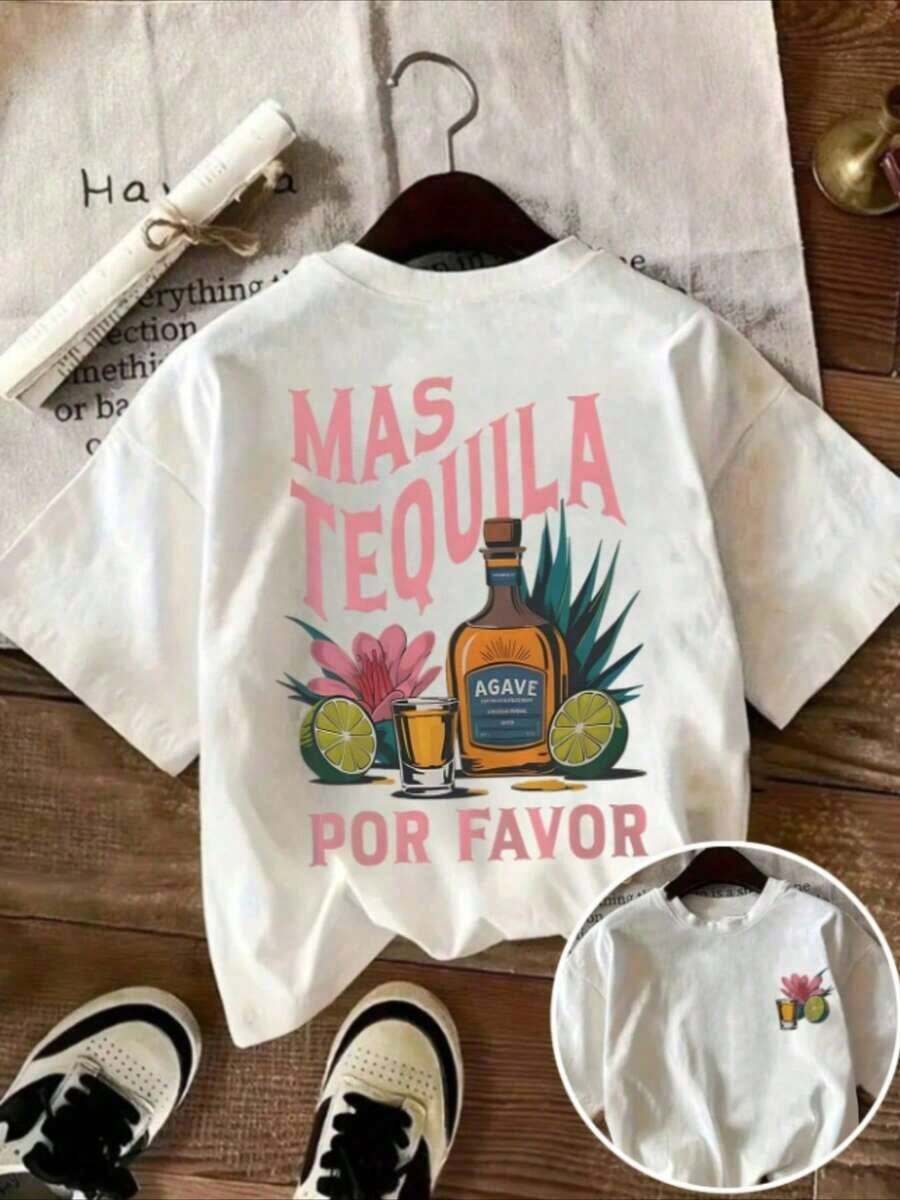 Women's Fitted Short Sleeve T-Shirt With Double-Sided Print, 1 Piece - Perfect Gift For New Year 2026, Valentine's Day, Easter, St. Patrick's Day, Black History Month, Back To School And Teachers - Graphic Tee With Tequila Bottle And Lime Print "More Tequila Please", Casual Summer Tee For Women, Great For Beach Parties And Warm Weather Outfits. - 白色 - 查看 1