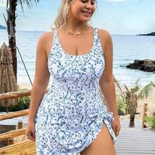 Swim Lushore Plus Size Women's Leaf Print Adjustable Strap Round Neck One-Piece Swimsuit With Triangle Bottoms, Elegant Sexy Casual Beach Vacation Outfit For Summer - azul real - Ver 5