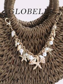 GLOBELLE 女士草编手提包，配海星贝壳链 - 手工编织顶部提手沙滩包，波西米亚风夏季度假手提包，适合旅行、泳池、日常使用 - 棕色 - 查看 6