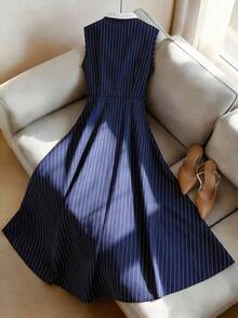 Vestido azul marino a rayas con cuello de contraste y cintura en línea A, encantador y elegante para uso diario, vacaciones, moda de citas, estilo francés retro y versátil, de manga larga y sin mangas, nuevo vestido camisa azul marino para primave - Multicolor - Ver 2