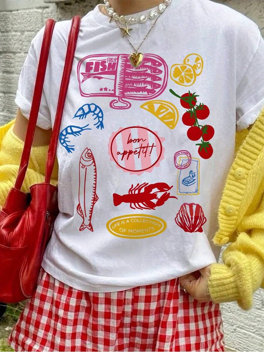 Camiseta para Mujer con Estampado de Frutas y Mariscos, Cuello Redondo, Manga Corta, Diseño Vintage Casual, Ideal para Verano - Blanco - Ver 1