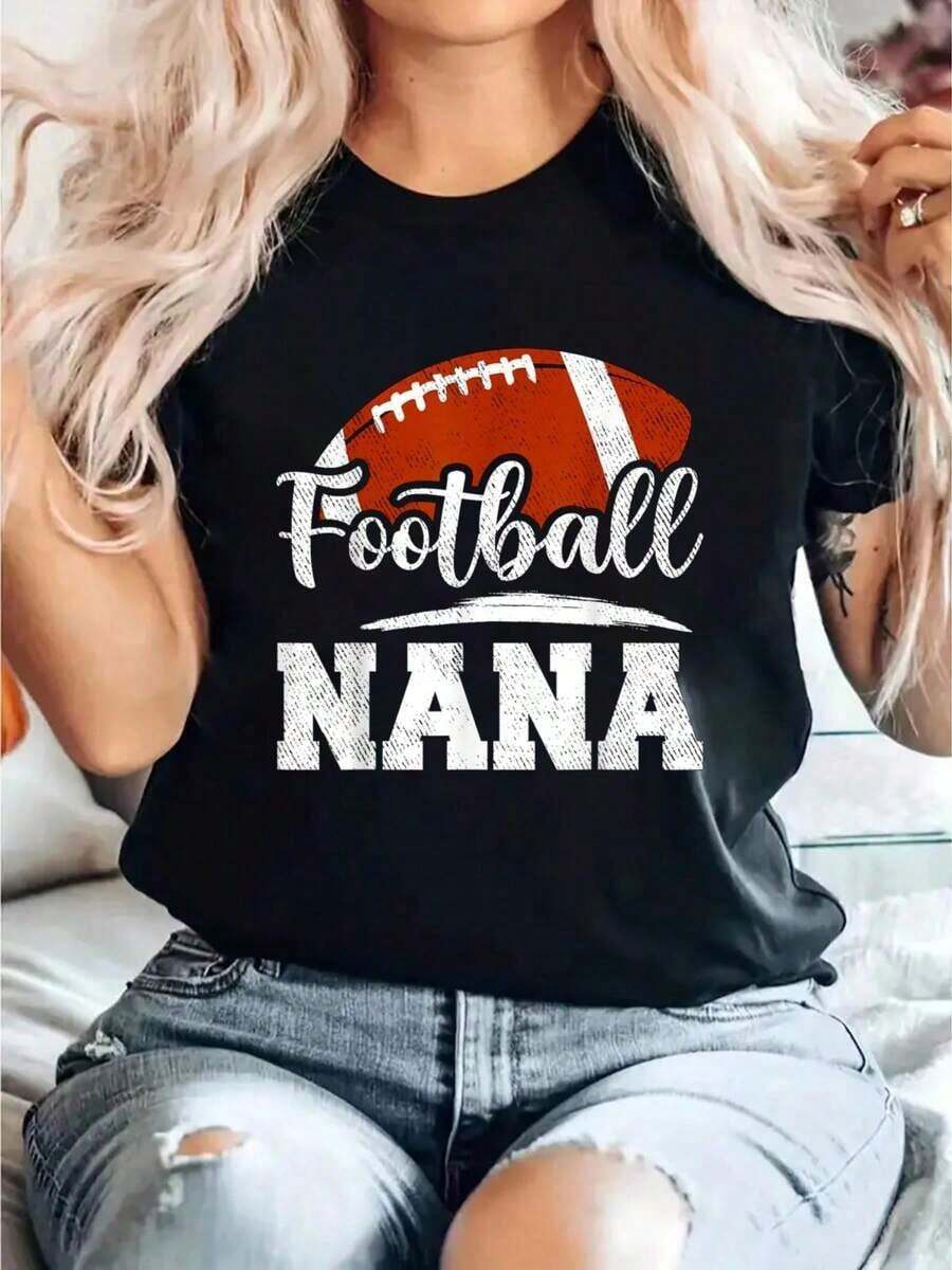 1 pieza de camiseta de algodón 100% con estampado gráfico de futbolista "Nana Football Player Game Day Mother's", camiseta casual de manga corta para mujer para primavera y verano, camisetas gráficas para mujer de 210g 100% algodón, los diseños están completamente impresos. Unisexo. - Negro - Ver 1