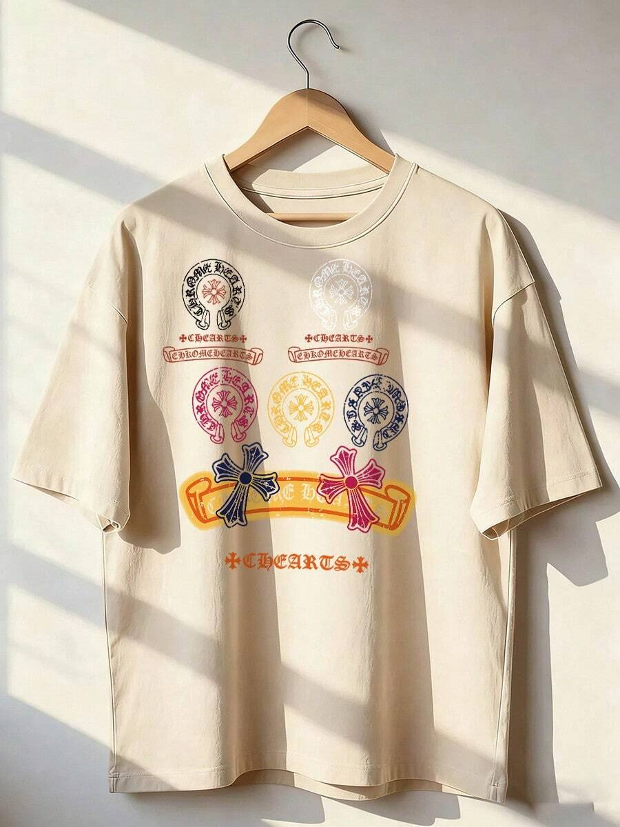 Retro Cross And Text Print Short Sleeve T-Shirt, Fashionable Short Sleeve T-Shirt For Spring And Summer 2026, Made In Mexico, 180 Grams. Cartoon Print, Couple Design, Suitable For Indoor Or Outdoor Wear. Crew Neck, Unisex, Ideal For Office And Leisure. One-Piece Pack. - APR-P631577SLNDXZGY405 - 查看 1