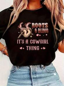 Camiseta Divertida de Vaquera con Botas y Brillos para Mujer, Estilo Country, Manga Corta, Cuello Redondo, Informal, para Verano y Primavera, Ropa de Mujer - Negro - Ver 7