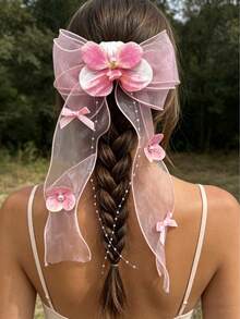 1pc Spring/Summer New Mesh Bow Lily Of The Valley Flower Hair Clip, Sweet & Cute Accessory For Girls, Suitable For Daily Wear, Wedding, Party, Beach Holiday, Hairpin, Claw Clips,Travel,Birthday - Multicolor - View 15