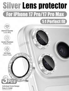 适用于 11-17 Pro Max 的三件套相机镜头保护膜，闪亮铝合金金属环，9H 钢化玻璃保护盖配件（闪亮银色） - 銀色 - 查看 32