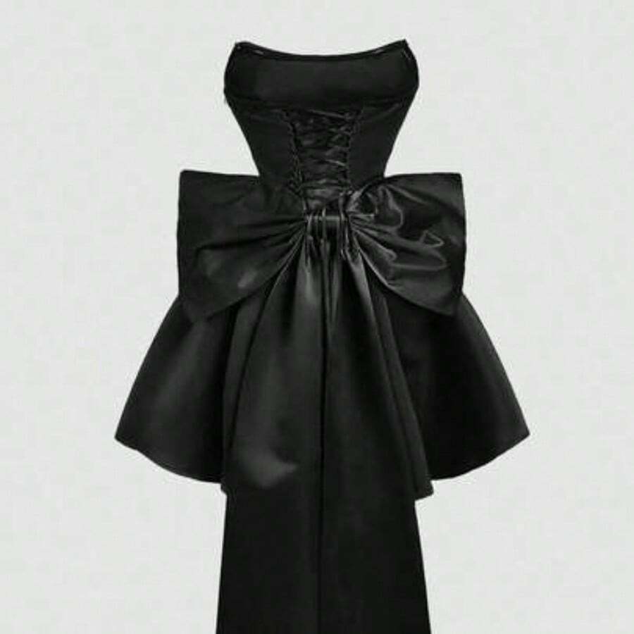 MOD Satin Fitted Bandeau Bow Decor Short Dress, Pink Corset Dress - Negro - Ver 1