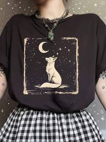 Camiseta Casual de Manga Corta con Estampado Gráfico de Zorro y Cielo Nocturno Celestial - Camiseta Negra de Cuello Redondo, Lavable a Máquina, Comodidad para Todas las Temporadas, Ropa de Fácil Cuidado, Camiseta con Motivo Animal, Tela No Transparente |     Diseño exquisito |     Suelto y cómodo |     Fácil de combinar | - Negro - Ver 8