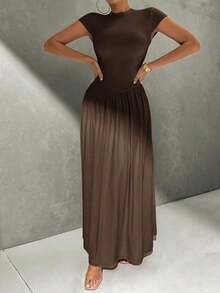 Vestido de línea A de manga corta, de cuello, ajustado, con bajo asimétrico, de uso diario, de estilo minimalista y elegante - Café integral - Ver 7