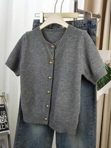 Cárdigan de botones gris para mujer - Cárdigan casual y de moda de manga corta, elástico, silueta en forma de H, adecuado para primavera y verano, diseño con detalle de punto acanalado, cierre de botones, tela transpirable, estilo cárdigan, artículo esencial de primavera/verano - Gris - Ver 6