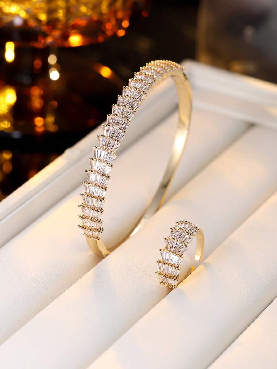 1 Set Luxury Stacked Design Bracelet & Ring Set, Niche Elegant Accessories - Bracelet Ring Set - View 1