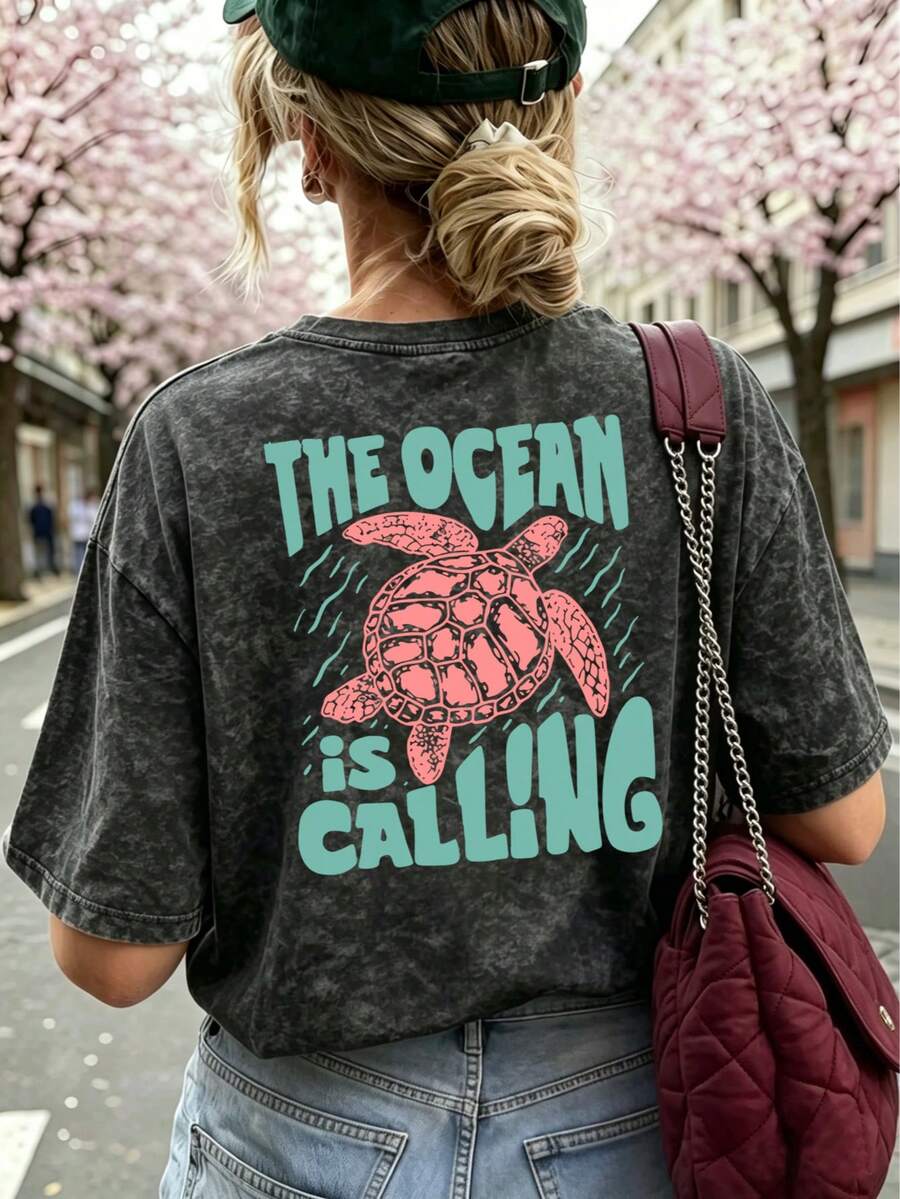 Women's Summer Ocean Calling Turtle Graphic Loose T-Shirt, Ins Style Casual - Black - View 1