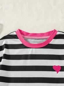 Set de 2 piezas de top de manga raglán con estampado de rayas y shorts de unicolor, estilo casual para niñas, primavera/verano - Negro - Ver 3
