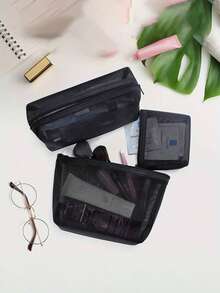 Bộ 1/2/3 túi đựng mỹ phẩm lưới nylon màu đen tối giản, dung tích lớn, túi đựng mỹ phẩm du lịch trong suốt có khóa kéo, quà tặng. - màu đen - Xem 6
