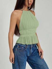 Top de tirantes sin espalda con cuello de halter y cintura anudada plisada para mujer - Verde - Ver 4