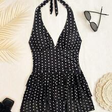 Stylish Halter Neck Polka Dot Swim Dress For Women Black And White Geometric Pattern Sleeveless Tiered Short - Marrón - Ver 6