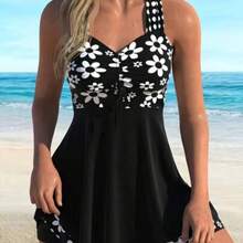 Floral Print Criss-Cross Drawstring Split Skirt Swimwear Set For Women, Ladies Swimwear And Summer Beach Vacation Outfit, Women's Spaghetti Strap Tankini Swimwear Black - Negro - Ver 1