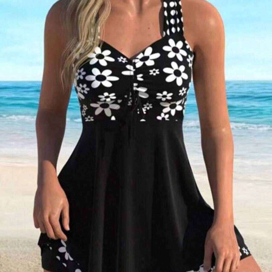 Floral Print Criss-Cross Drawstring Split Skirt Swimwear Set For Women, Ladies Swimwear And Summer Beach Vacation Outfit, Women's Spaghetti Strap Tankini Swimwear Black - Negro - Ver 1