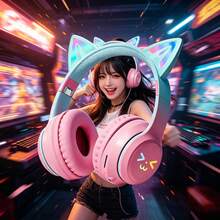 Cute Cat Wireless Headphones, Fashionable Gradient Color Wireless Gaming Headset With RGB Lighting, Retractable Foldable Design, Soft Comfortable Ear Pads - 查看 1