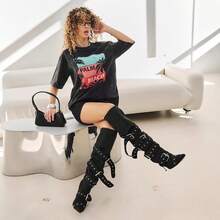 Nueva camiseta vintage lavada para mujer, de manga corta, corte ajustado, de algodón puro, estilo retro lavado, hombros caídos, longitud media, corte holgado. - Negro - Ver 4