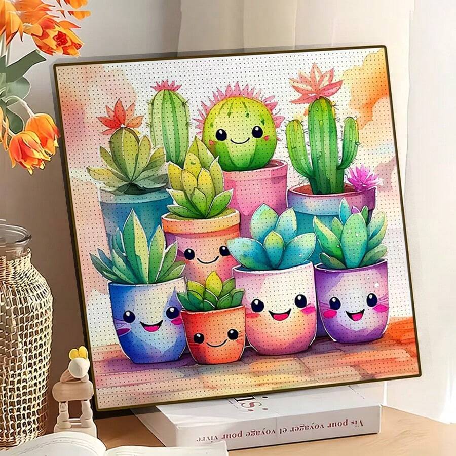 1 pezzo Nuovo dipinto di diamanti 5D rotondo in acrilico (design di vaso di piante grasse carino), artigianato a mosaico fatto a mano, adatto per decorazione parete domestica, regalo pensieroso per fidanzata, genitori, amici, festività o occasioni quotidiane, illumina lo spazio e trasmette calore, senza cornice - diamante rotondo - Visualizzare 1