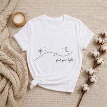 Camiseta Mujer Blanca Estampado Astral Minimalista, Playera de Manga Corta con Luna, Estrellas y Texto, Top Casual Moda Verano - Blanco - Ver 4