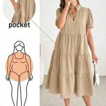 Shapeblank Vestido midi negro básico de manga corta, cómodo y suelto, para uso diario y versátil, de moda casual para mujer talla grande, vestido de verano con bolsillos, vestido elegante - Caqui - Ver 1