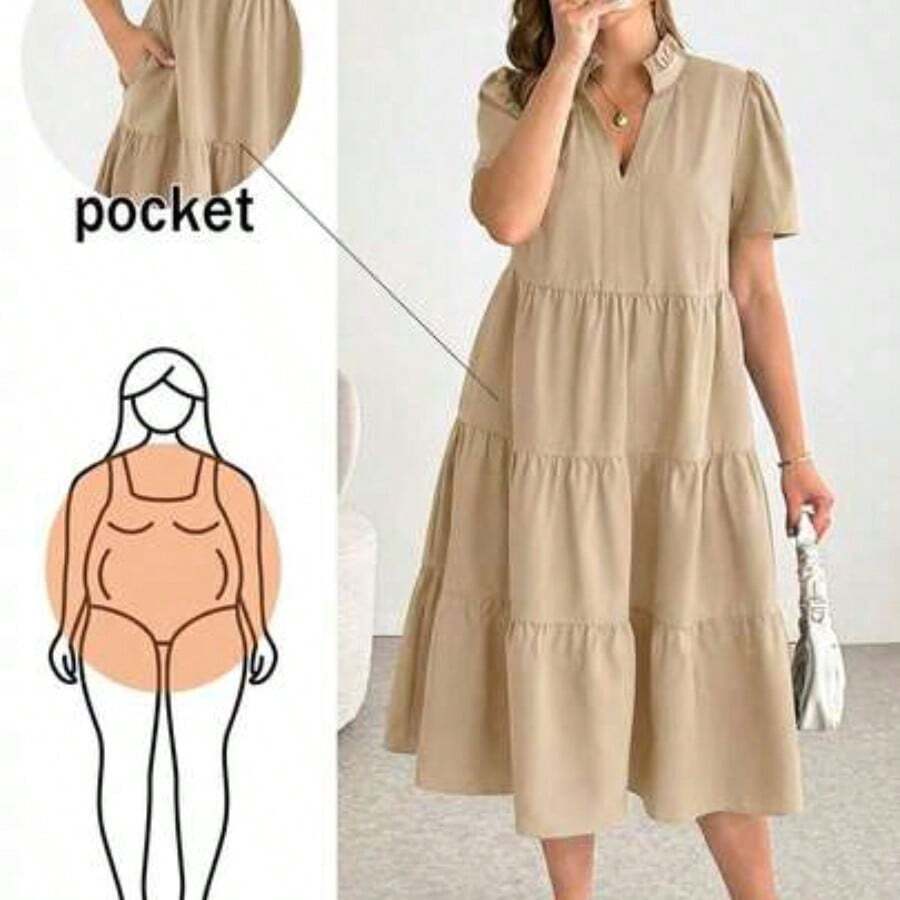 Shapeblank Vestido midi negro básico de manga corta, cómodo y suelto, para uso diario y versátil, de moda casual para mujer talla grande, vestido de verano con bolsillos, vestido elegante - Caqui - Ver 1