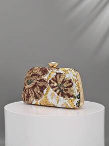 Floral Sequin Evening Clutch, Gold Frame Hard Shell Wallet, Suitable For Weddings And Parties (Random Cutting) - Gold - View 5