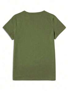 Camiseta de mujer de verano con mangas cortas, diseño impreso simple y cuello redondo - Verde militar - Ver 2
