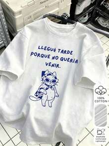 Camiseta de manga corta para mujer con estampado de gato divertido y frase en español, diseño holgado de cuello redondo, tela 100% algodón transpirable, estilo casual coreano, adecuada para el campus, cafeterías, ir de compras con amigos, top personalizado lindo e interesante, blanca de verano. - Blanco - Ver 5
