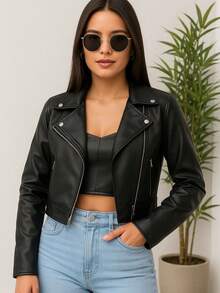 Women's Leather Jacket With Side Zipper - Winter - Black - View 1