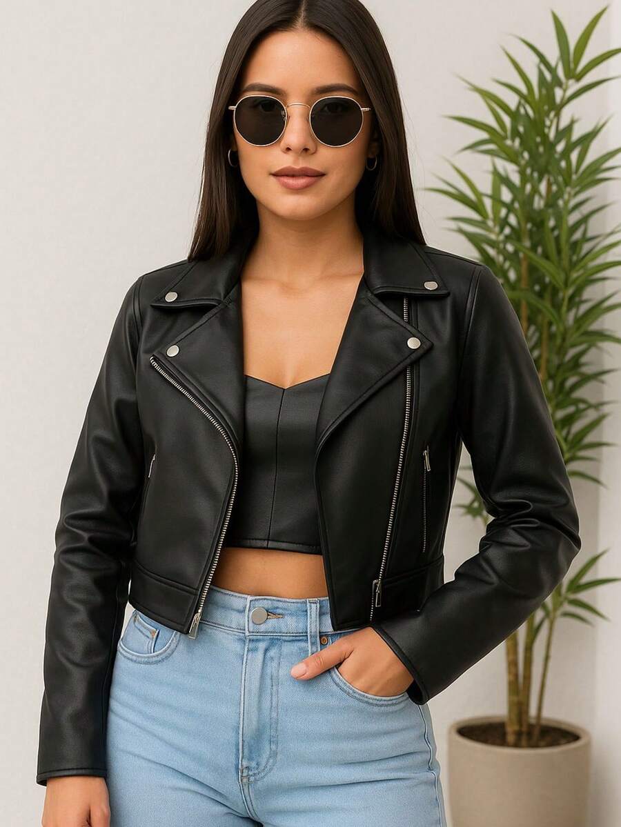 Women's Leather Jacket With Side Zipper - Winter - Black - View 1